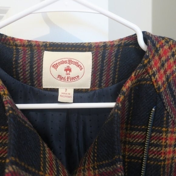 Brooks Brothers womens tartan plaid jacket wool navy red zip 2 Red Fleece preppy - Picture 7 of 9